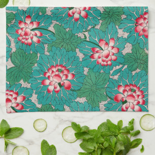 Red Pink Green Teal Chinese Lotuses Pattern Kitchen Towel