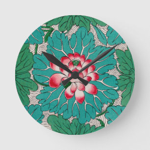 Red Pink Green Teal Chinese Lotuses Pattern Round Clock