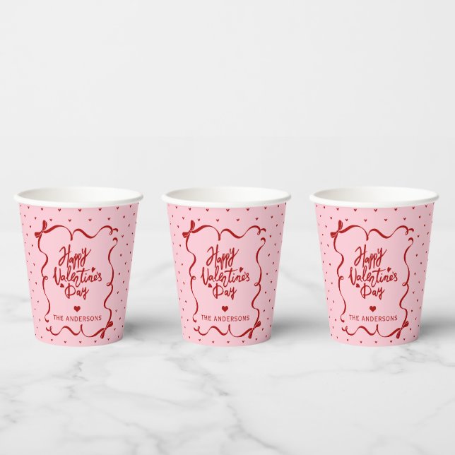 Red Pink Hand Drawn Bow Happy Valentine's Day Paper Cups (Multi)