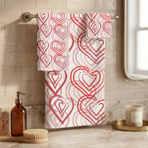 Red Pink Hand Drawn Doodle Hearts Romantic Pattern Bath Towel Set