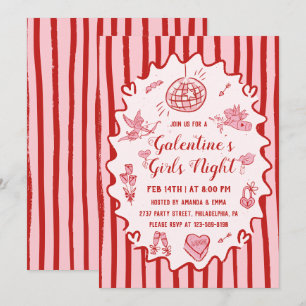 Red Pink Hand Drawn Galentine's Girls Night Party Invitation