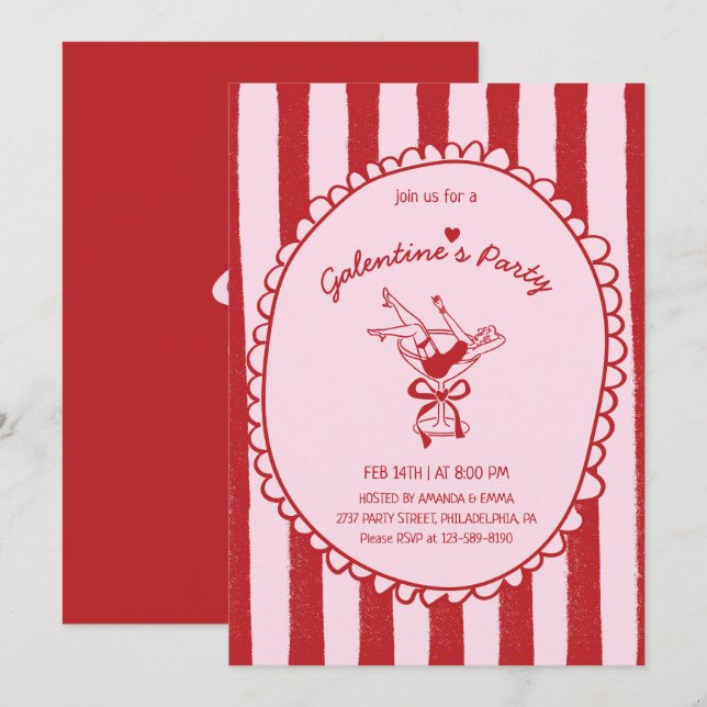 Red Pink Hand Drawn Galentine's Party Invitation (Front/Back)
