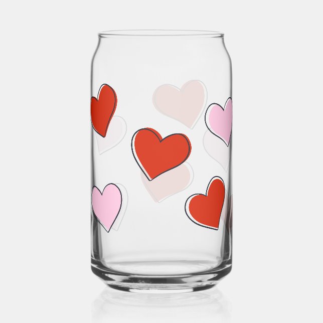 Red & Pink Hand Drawn Hearts Can Glass (Front)
