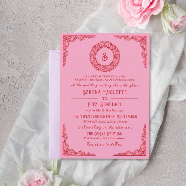 Red Pink Hand-Drawn Lace Vintage Monogram Invitation (Creator Uploaded)