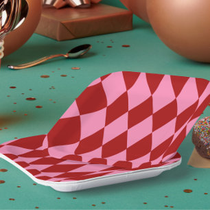 Red Pink Harlequin Chequered Design  Paper Plate
