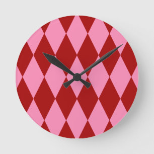 Red Pink Harlequin Chequered Design  Round Clock