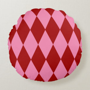 Red Pink Harlequin Chequered Design Round Pillow