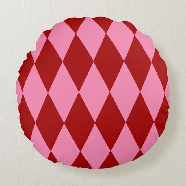 Red Pink Harlequin Chequered Design  Round Pillow (Front)