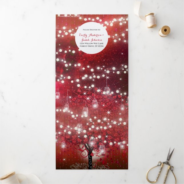 Red & Pink Heart Leaf Tree on Black Wedding Tri-Fold Invitation (Outside)