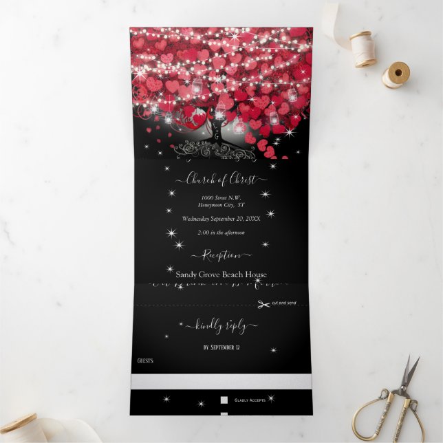 Red & Pink Heart Leaf Tree on Black Wedding Tri-Fold Invitation (Inside)