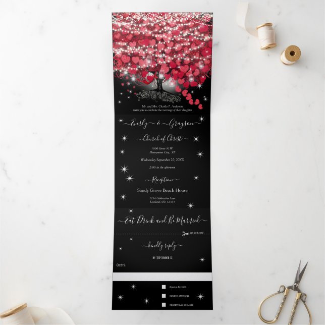 Red & Pink Heart Leaf Tree on Black Wedding Tri-Fold Invitation (Inside)