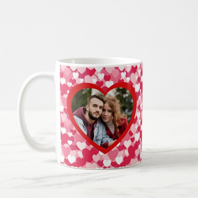 Red & Pink Heart Pattern Two Photo Personalized  Coffee Mug (Left)