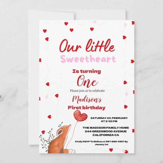 Red Pink Heart Valentine's Day Sweetheat  Birthday Invitation (Front)
