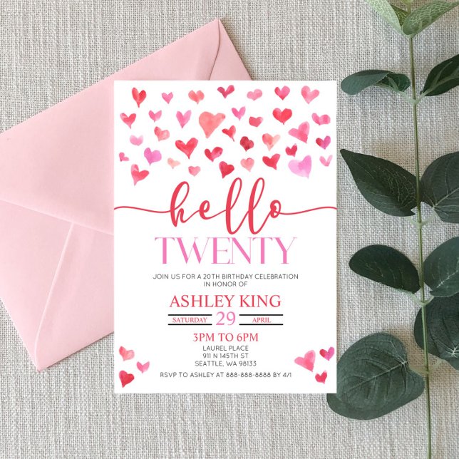 Red Pink Hearts Hello Twenty 20th Birthday Party Invitation (Creator Uploaded)