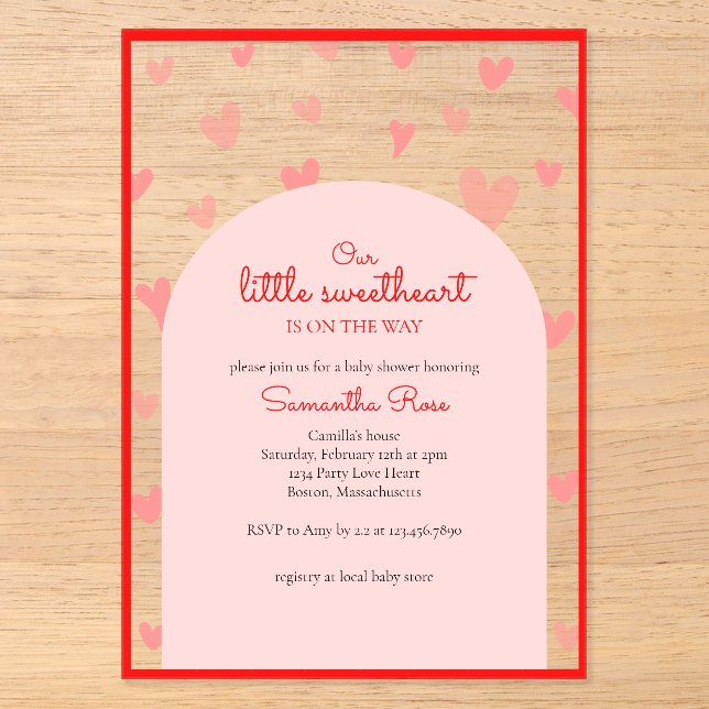 Red Pink Hearts Little Sweetheart Girl Baby Shower Acrylic Invitations (Front)