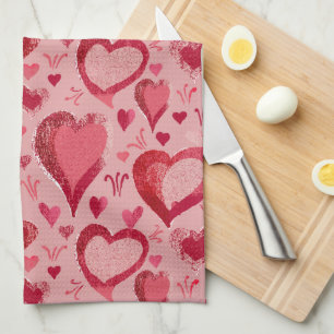 Red Pink Hearts Pattern Drawing Kitchen Towel