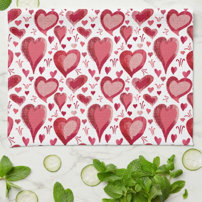 Red Pink Hearts Pattern Drawing Valentine`s Day Kitchen Towel (Folded)