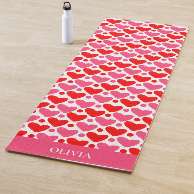 Red Pink Hearts pattern Personalized Yoga Mat (In Situ)
