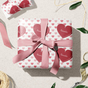 Red + Pink Hearts Pattern w/ Name Valentine's Day Wrapping Paper