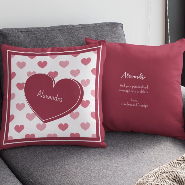 Red + Pink Hearts Pattern w/ Note Valentine's Day Throw Pillow (Creator Uploaded)