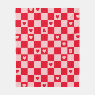 Red Pink Hearts Two Letter Chequerboard Fleece Blanket