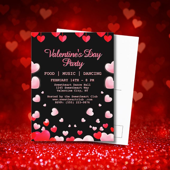 Red Pink Hearts Valentine's Party Food Music Dance Holiday Postcard (Red Pink Hearts Valentine's Party Food Music Dance Holiday Postcard)