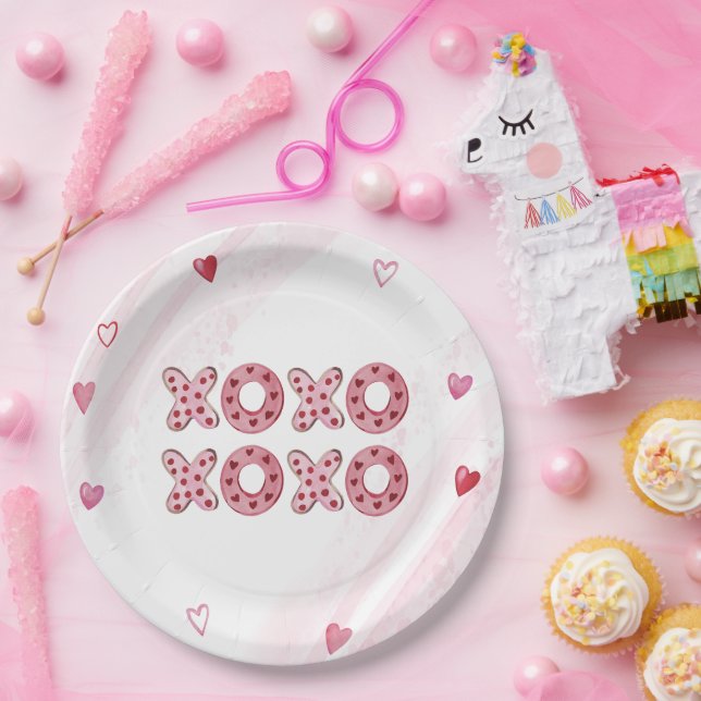 Red & Pink Hearts XOXO Valentines Day Paper Plate (Party)