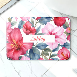 Red Pink Hibiscus Flowers Tropical  Bath Mat