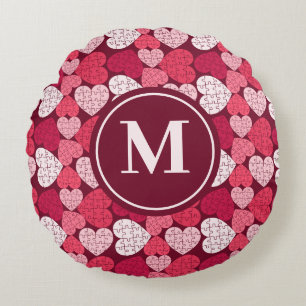 Red & Pink Jigsaw Puzzle Heart Pattern Monogram Round Pillow