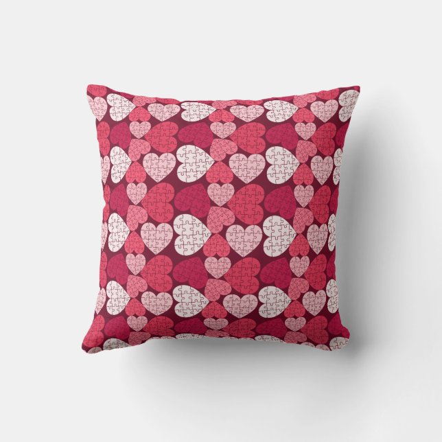 Red & Pink Jigsaw Puzzle Heart Pattern Throw Pillow (Back)