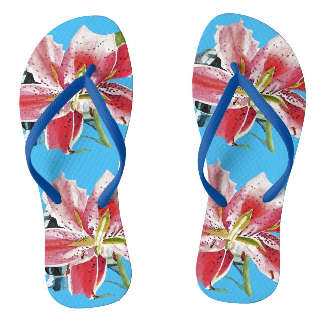 Red Pink Lily Lillies floral Blue Your Joy Flip Flops (Footbed)