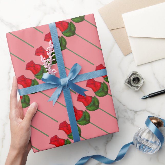 Red Pink Long Stem Roses Flowers Valentine's Day Wrapping Paper (Gifting)