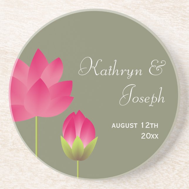 Red pink lotus flowers modern tea green wedding coaster (Front)