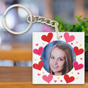 Red Pink Love Hearts Custom Photo Personalized Keychain