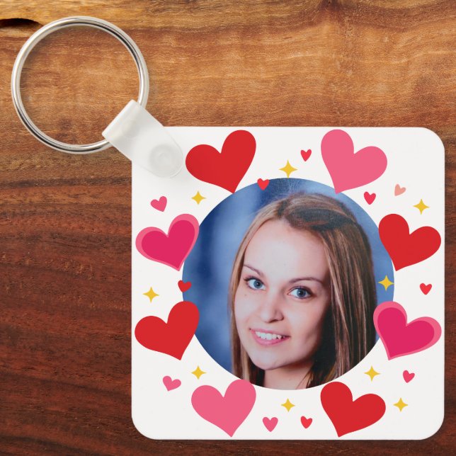 Red Pink Love Hearts Custom Photo Personalized Keychain (Front)