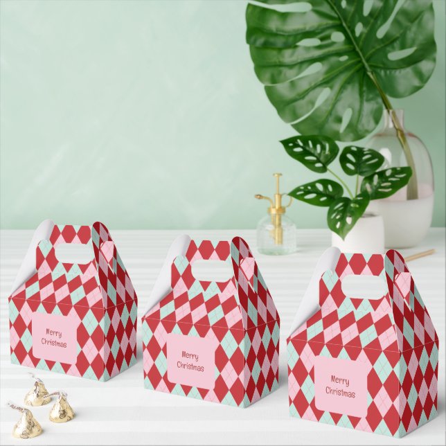 Red Pink & Mint Christmas Argyle Favor Box (Multiple)