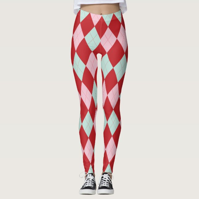 Red Pink & Mint Christmas Argyle Leggings (Front)