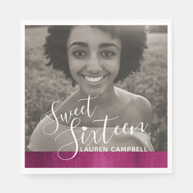 Red pink modern art sweet sixteen photo template napkin (Front)