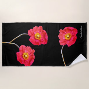 Red Pink Modern Poppies Poppy Flower Black  Beach  Towel