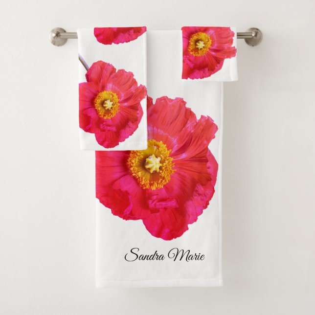 Red Pink Modern Poppies Poppy Flower White Bath Towel Set (Insitu)
