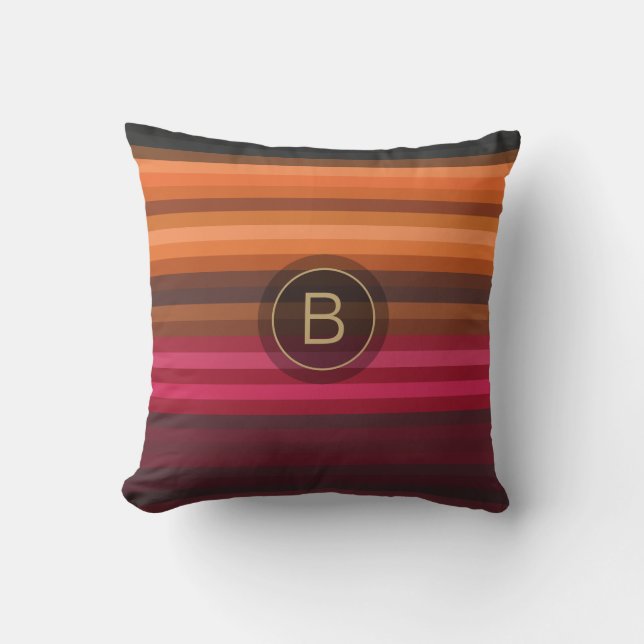 Red Pink Orange Brown Gray Chic Stripes Monogram Throw Pillow (Front)