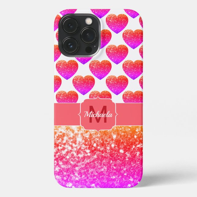 Red Pink Orange Glitter sparkles Hearts Monogram iPhone Case (Back)