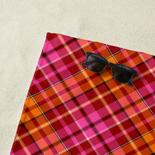Red Pink Orange Plaid Tartan Design Beach Towel