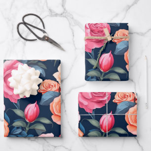 Red Pink Orange Roses Pattern Chiffon Wrapping Paper Sheet