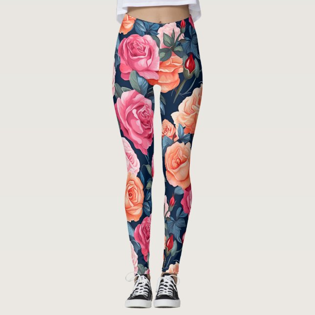 Red Pink Orange Roses Pattern Design Leggings (Front)