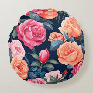 Red Pink Orange Roses Pattern Design Round Pillow