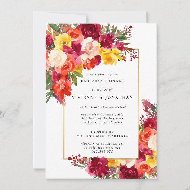 Red Pink Orange Yellow Floral Rehearsal Dinner Invitation (Front)