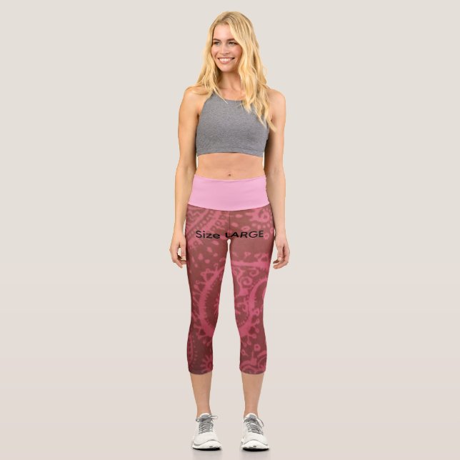 Red Pink Paisley Capri Leggings LARGE (Front)