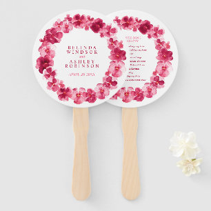 Red pink pansy watercolor wedding program hand fan