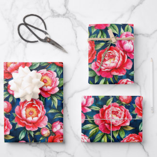Red Pink Peonies & Green Leaves Blue Pattern Wrapping Paper Sheet